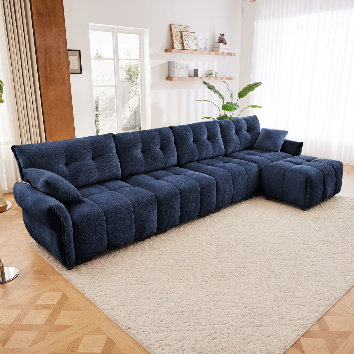 Elegant Sofa Set With Ottoman And Pillows, Textured Chenille, High Resilience Cushions