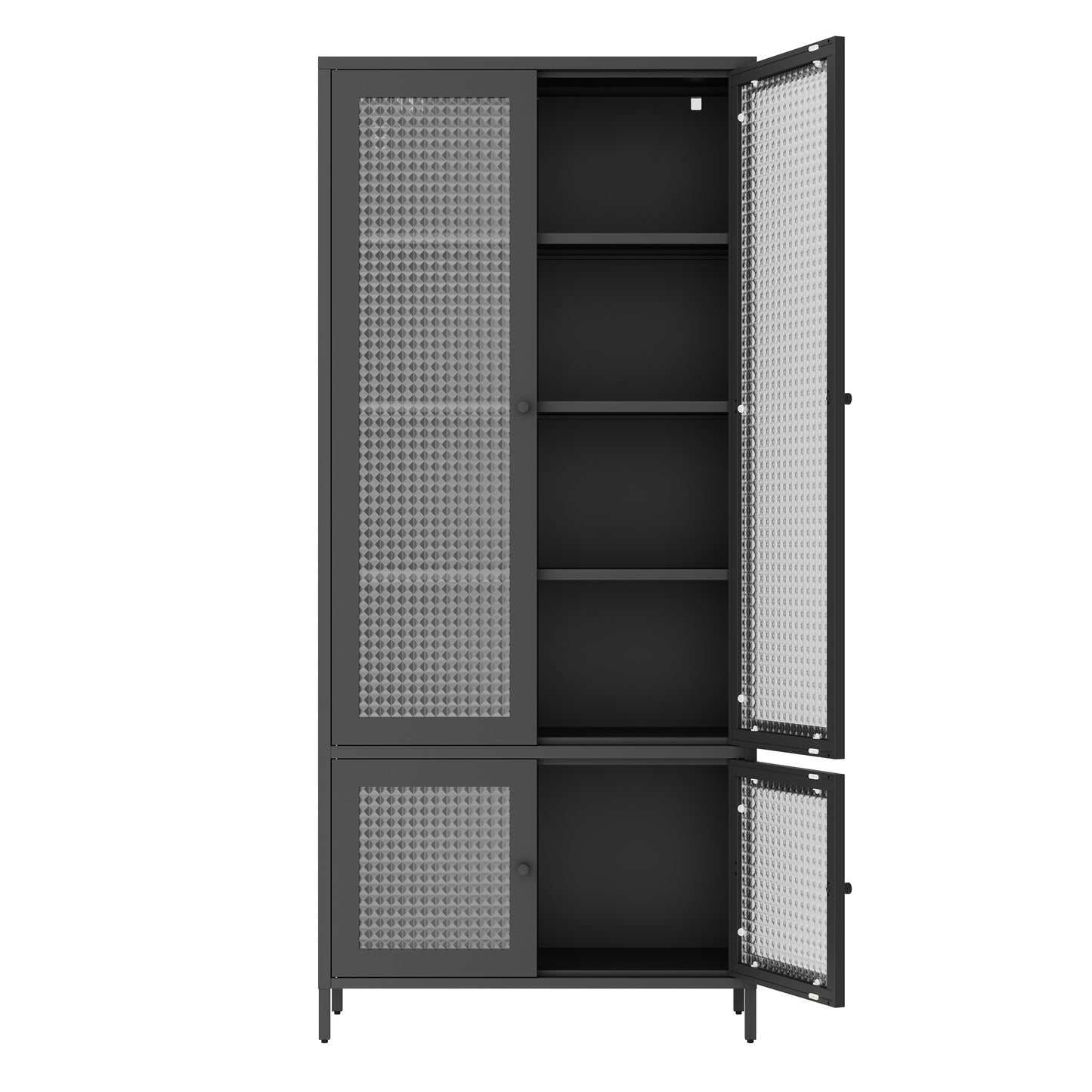 Large Metal Storage Cabinet Display Cabinet with 4 Glass Doors 5 Shelves Side Cabinet Bookcase Freestanding Cabinet for Bedroom Living Room Pantry Home Office - Black, Waffle-Grids  Tempered Glass