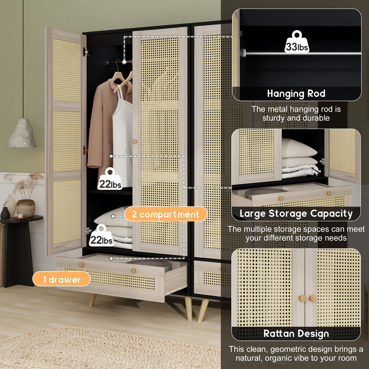 Tall Armoire Wardrobe Closet With 2 Rattan Doors & 1 Drawer, Boho Clothes Storage Cabinet With Hanging Rod For Bedroom - Natural / Black