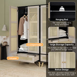 Tall Armoire Wardrobe Closet With 2 Rattan Doors & 1 Drawer, Boho Clothes Storage Cabinet With Hanging Rod For Bedroom - Natural / Black