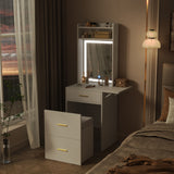 Small Vanity Desk With Mirror And Light, Dressing Table With Charging Station & Fold Up Panel For Small Space, Compact Makeup Vanity Set With Hidden Stool For Bedroom - White