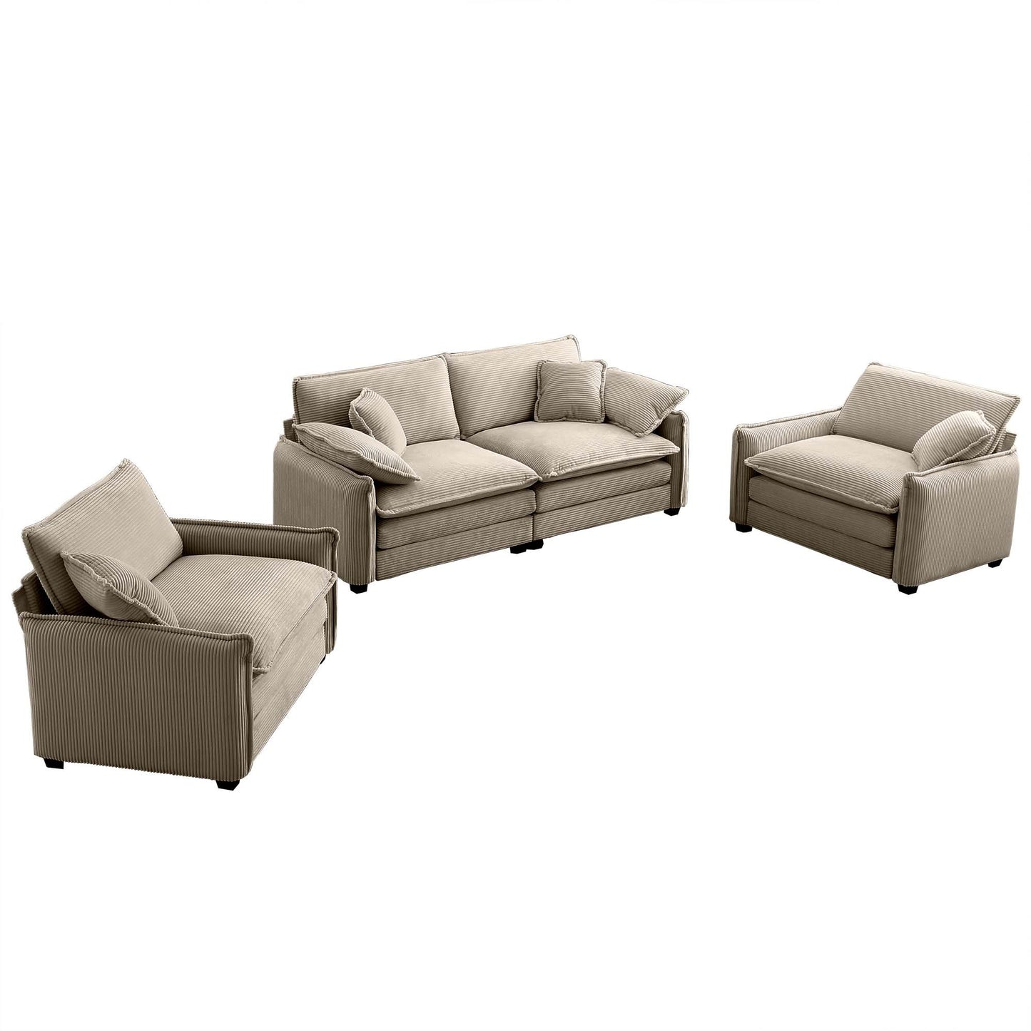 Luxurious and Sophisticated Sofa Set with Soft Cushions and Pillows, Sofa Set for Living Rooms and Clubs as well as Home Theaters, Consisting of Two Single Sofas and a 2-Seaters  Sofas in Tan Corduroy