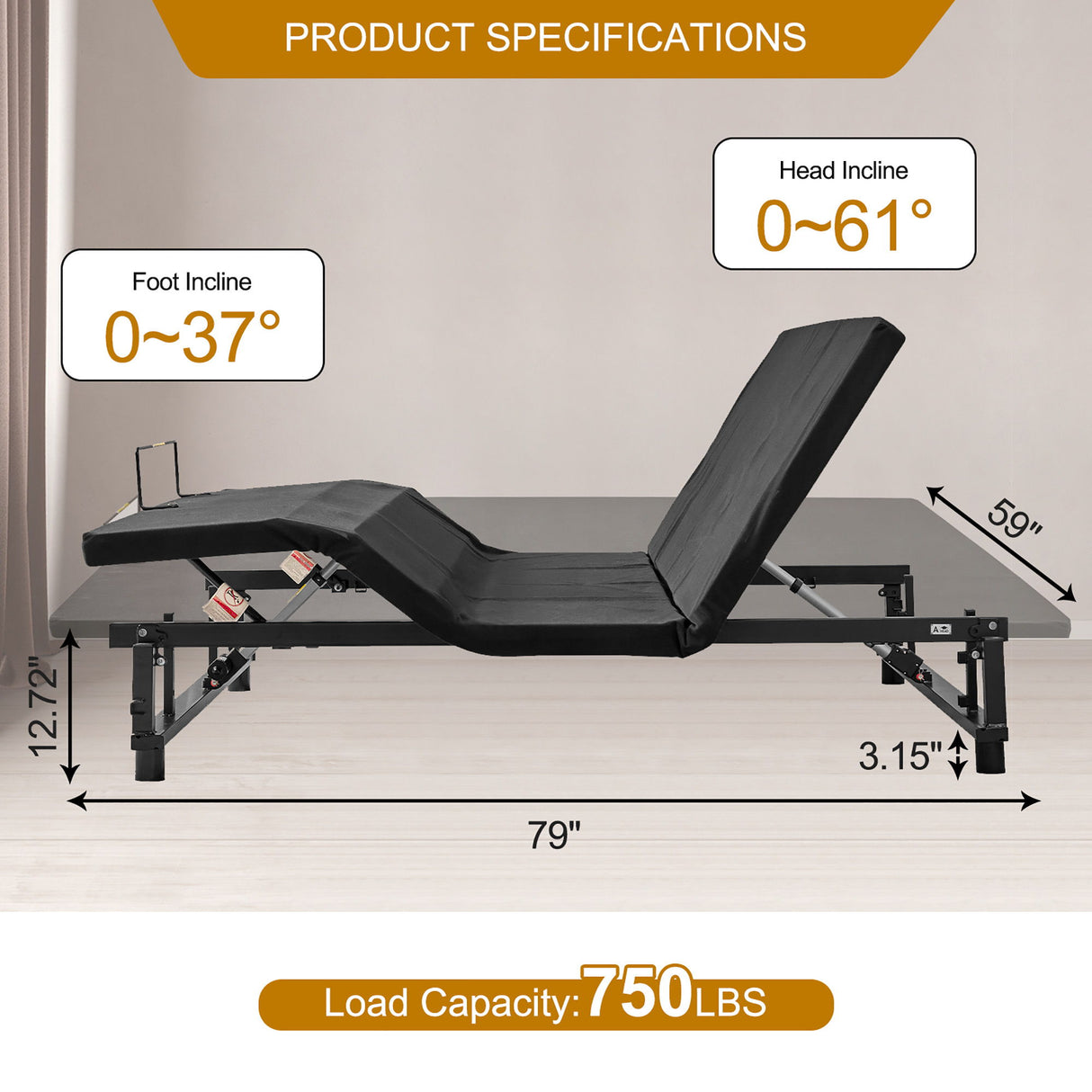 Adjustable Bed Base Frame Queen With Head And Foot Incline Wireless Remote - Antique Black