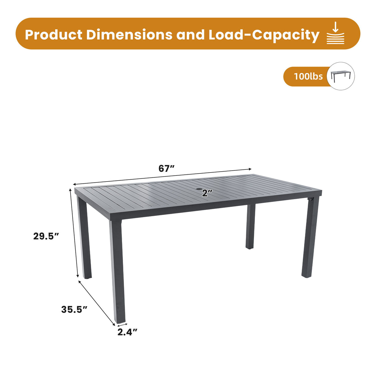 Modern Rectangular Outdoor Patio Dining Table With Post Leg Design, Rust Free & Weather Resistant, Adjustable Foot Pads, Umbrella Hole With Matching Cover - Ember Black