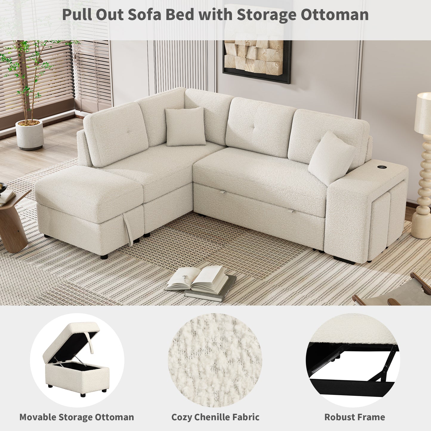 87.7" Convertible Sleeper, Sectional Pull Out Sofa Bed with Storage Ottoman, 2 Throw Pillows, 2 Stools, Wireless Charger and Two Hidden USB Ports for Living Room, Cream