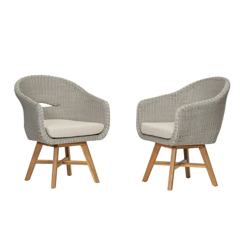 Modern Coastal Rattan Dining Chairs, (Set of 2), Solid Wood Legs - Beige