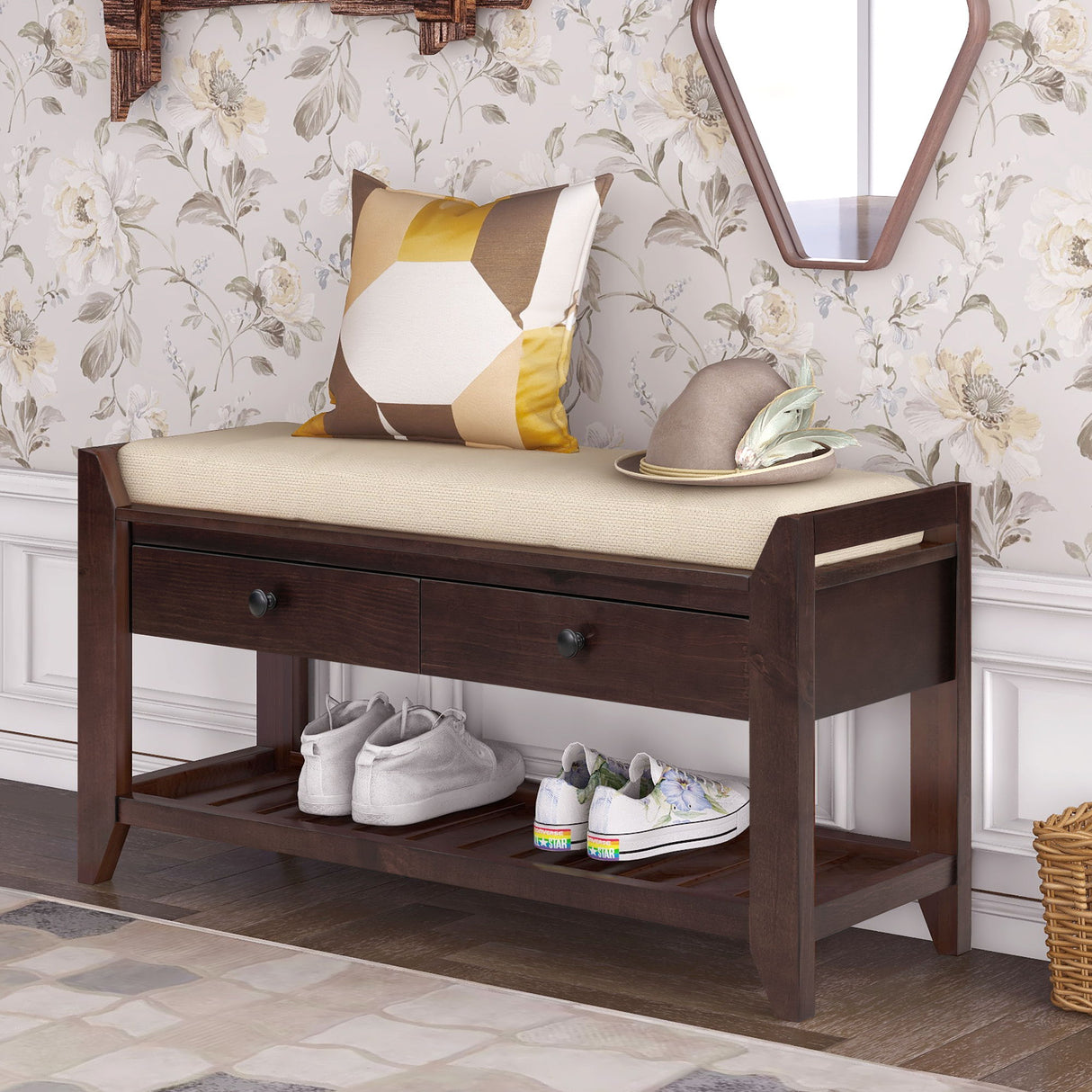 Multipurpose Entryway Shoe Rack With Cushioned Seat And Drawers