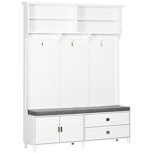 Hall Tree with Storage Bench, Entryway Bench with Coat Rack, Accent Coat Tree with Storage Shelves, Cabinet and Drawers for Hallway, Mudroom, White