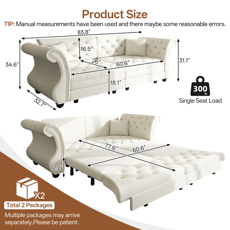 Oversized Chesterfield Pull Out Sofa Bed, Roll Arm Couch With Flower Tufting For Living Room