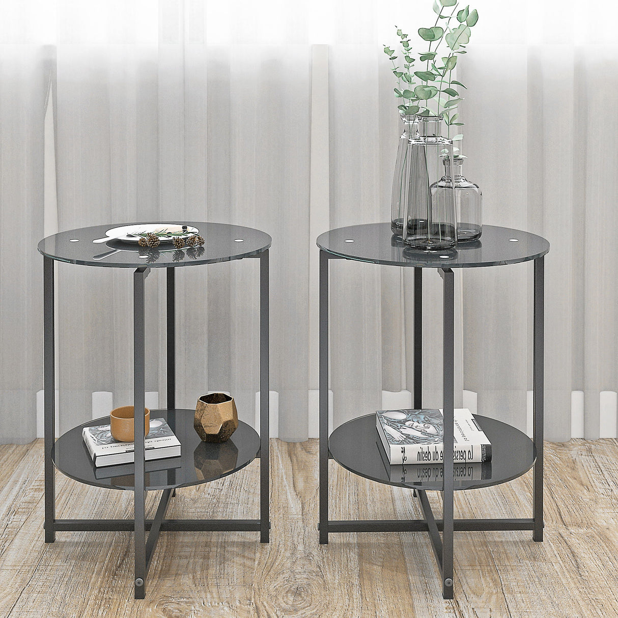 JWS Tempered Glass End Table (Set of 2), Round Coffee Table For Bedroom Living Room Office - Black