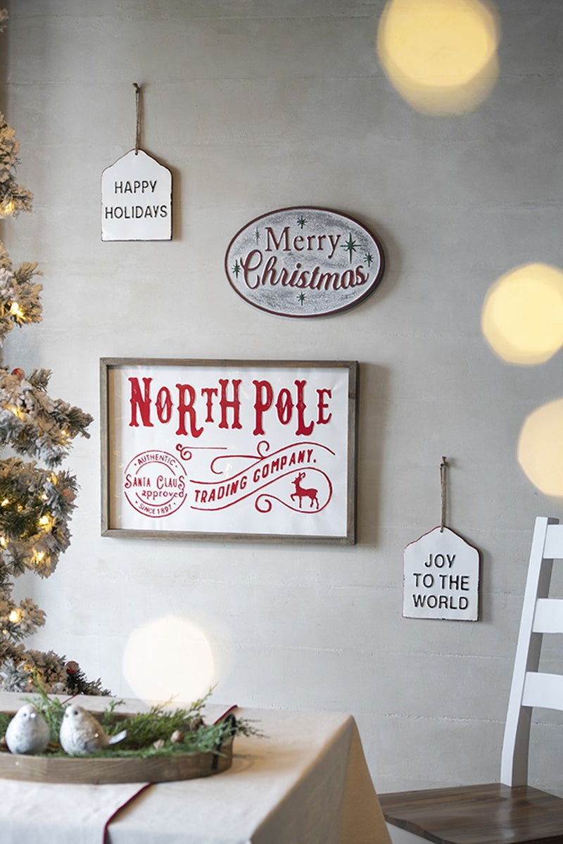 Iron / Wood North Pole Trading Company Wall Sign, For Christmas Holiday Table Wall Decor - White / Red