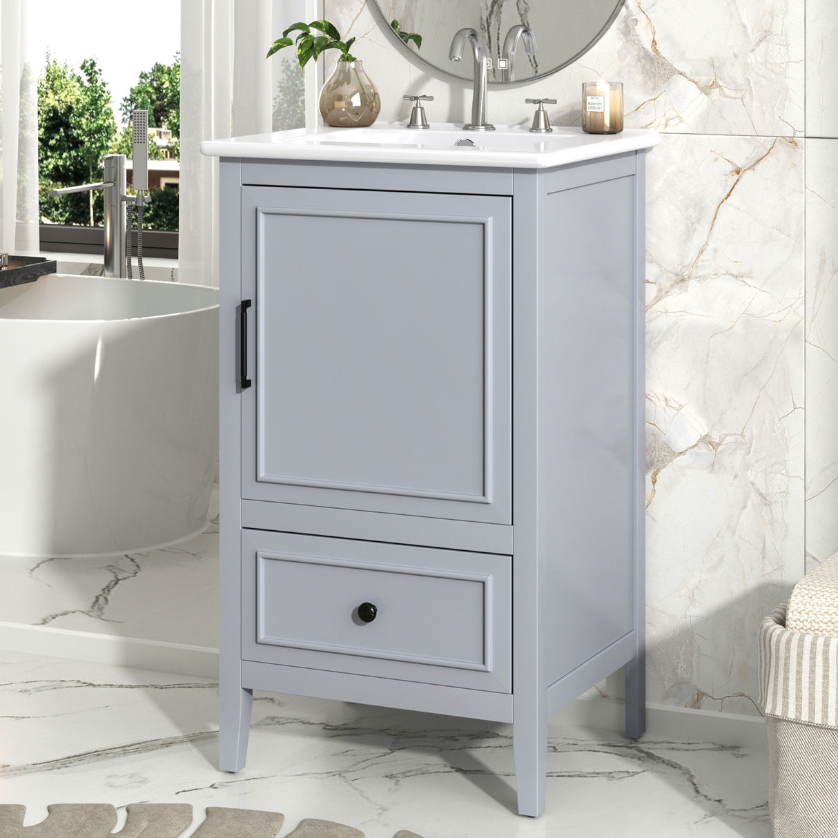 20" Bathroom Vanity With Sink, Bathroom Cabinet With A Door, Door Shelf Storage And Adiustable Foot Pads, A Drawer - Gray