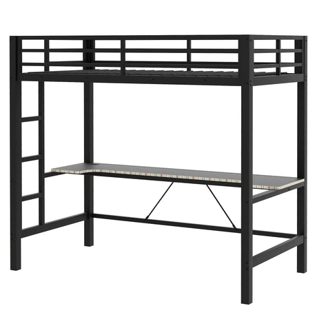 Twin Size Gaming Metal Loft Bed Frame With LED Light And Desk - Black