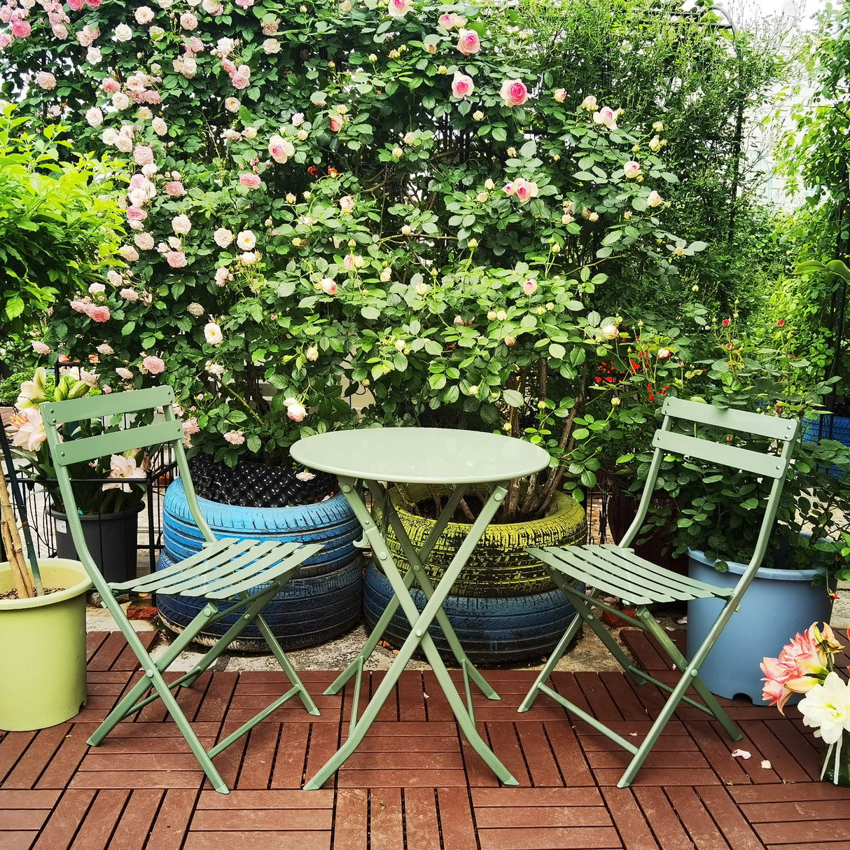 3 Piece Patio Bistro Set Of Foldable Square Table And Chairs