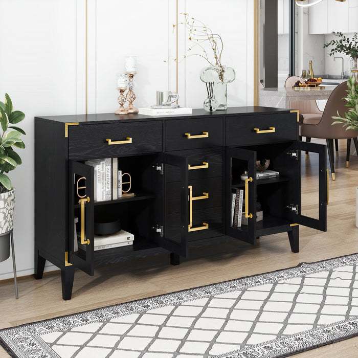 TREXM 6-drawer and 2-Cabinet Retro Sideboard with Extra Large Storage Space, with Gold Handles and Solid Wood Legs, for Kitchen and Living Room (Black)