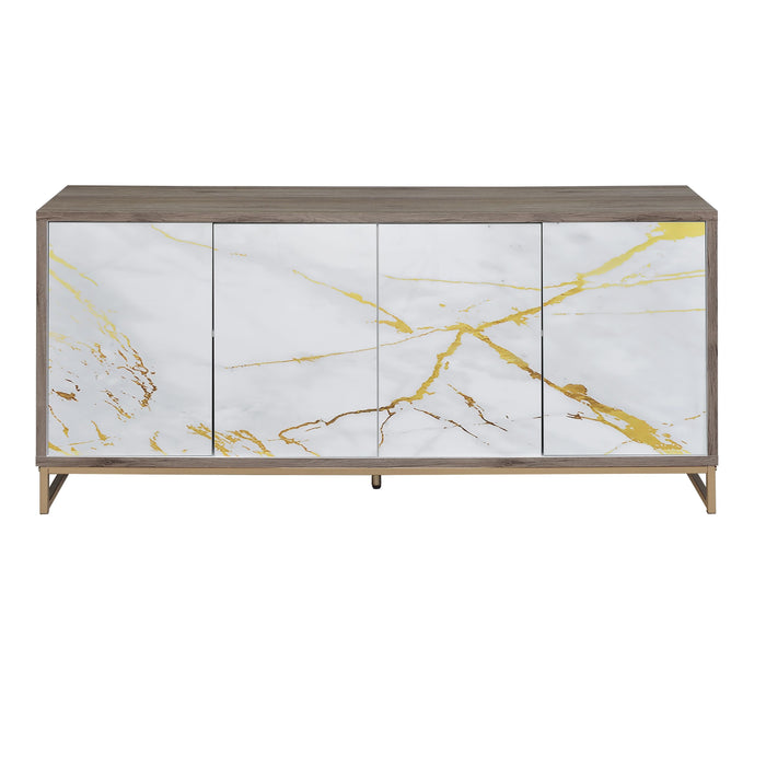 ACME Paavan Console Cabinet, White Marble Paint, Oak & Champagne AC02343