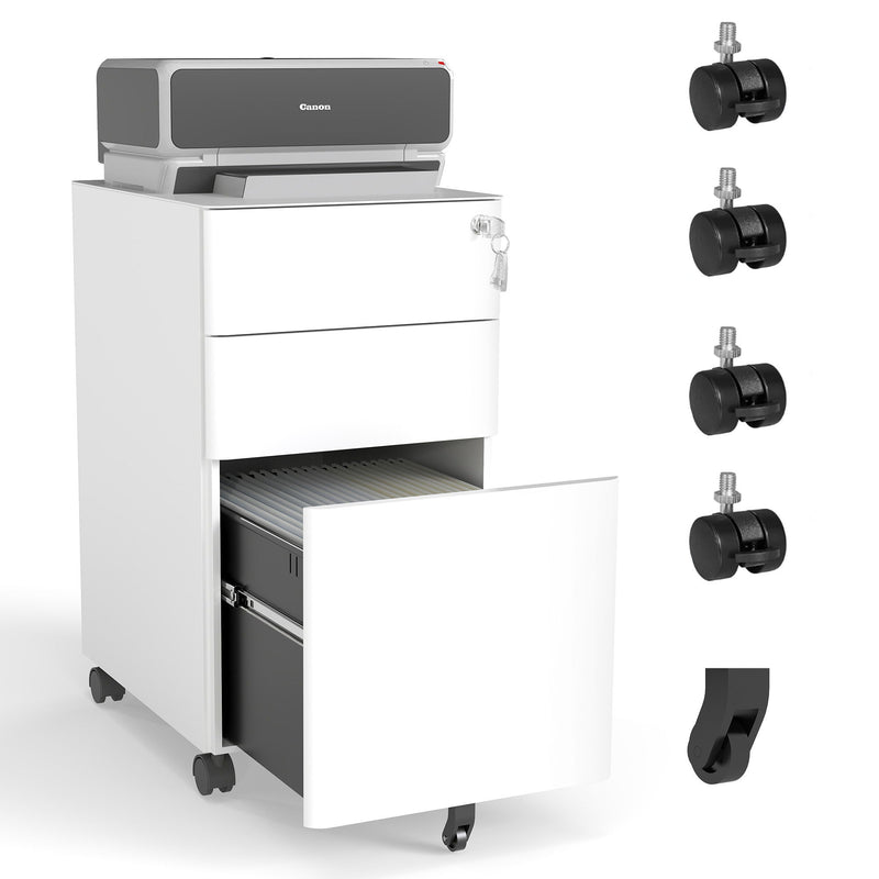 3-Drawer Mobile File Cabinet With Lock, On Wheels, Two Shallow & One Deep Drawer For Office/Home, Fully Assembled - White