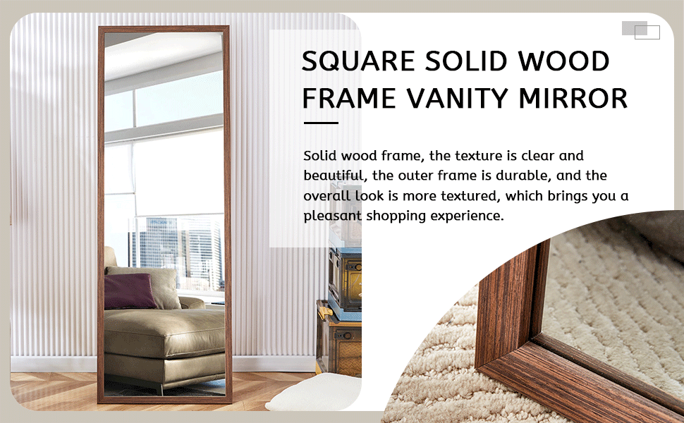 Third generation packaging upgrade, thickened border, brown wood grain solid wood frame full length mirror, dressing mirror, bedroom entrance, decorative mirror, and floor standing mirror.65"*22.8"