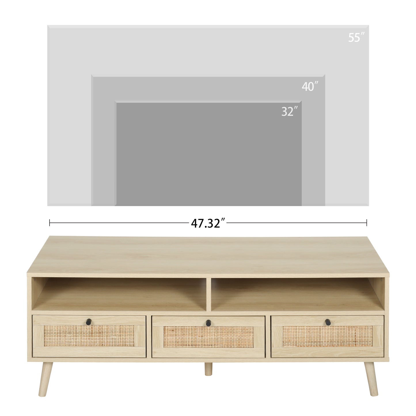 Rattan TV Stand with Solid Wood Feet, TV Console Table for Living Room, Natural