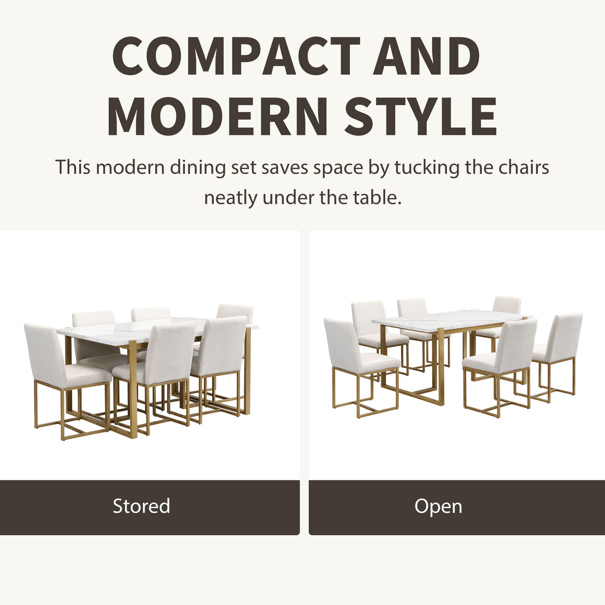 Modern Dining Table Set For 6 Faux Marble Kitchen Table Set With 6 Upholstered Dining Chairs, 7 Piece - White / Golden