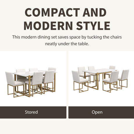 Modern Dining Table Set For 6 Faux Marble Kitchen Table Set With 6 Upholstered Dining Chairs, 7 Piece - White / Golden