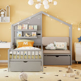 House Bed With Upholstered Sofa, Wireless Charging Station, Shelves And 2 Drawers