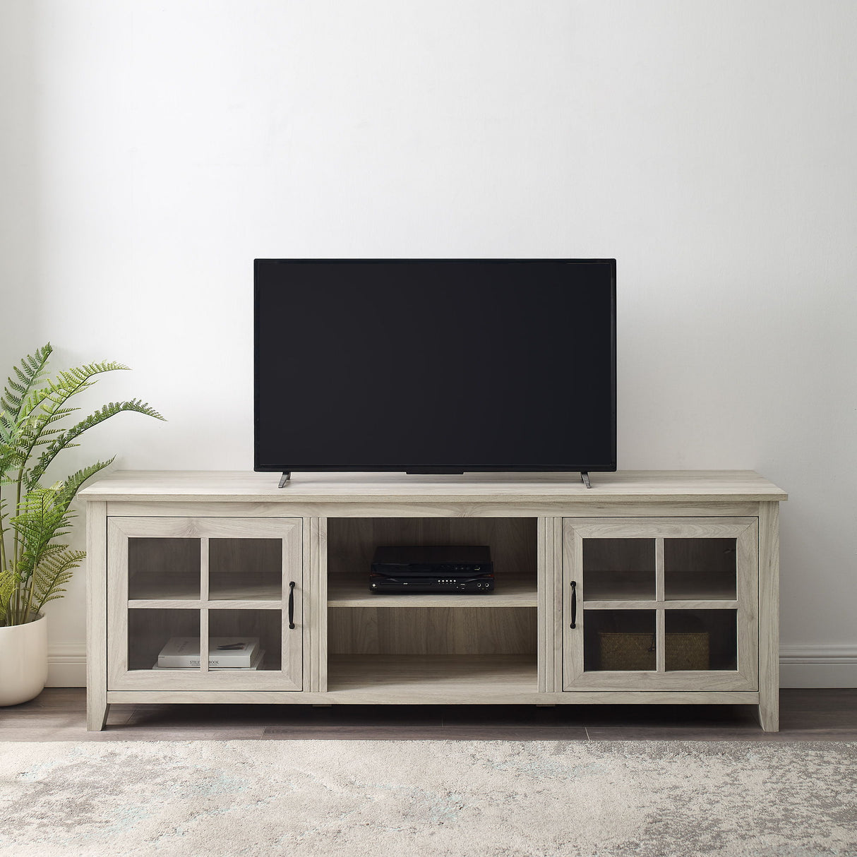Modern Farmhouse 2 Door Glass Windowpane 70" TV Stand For 80" TVs