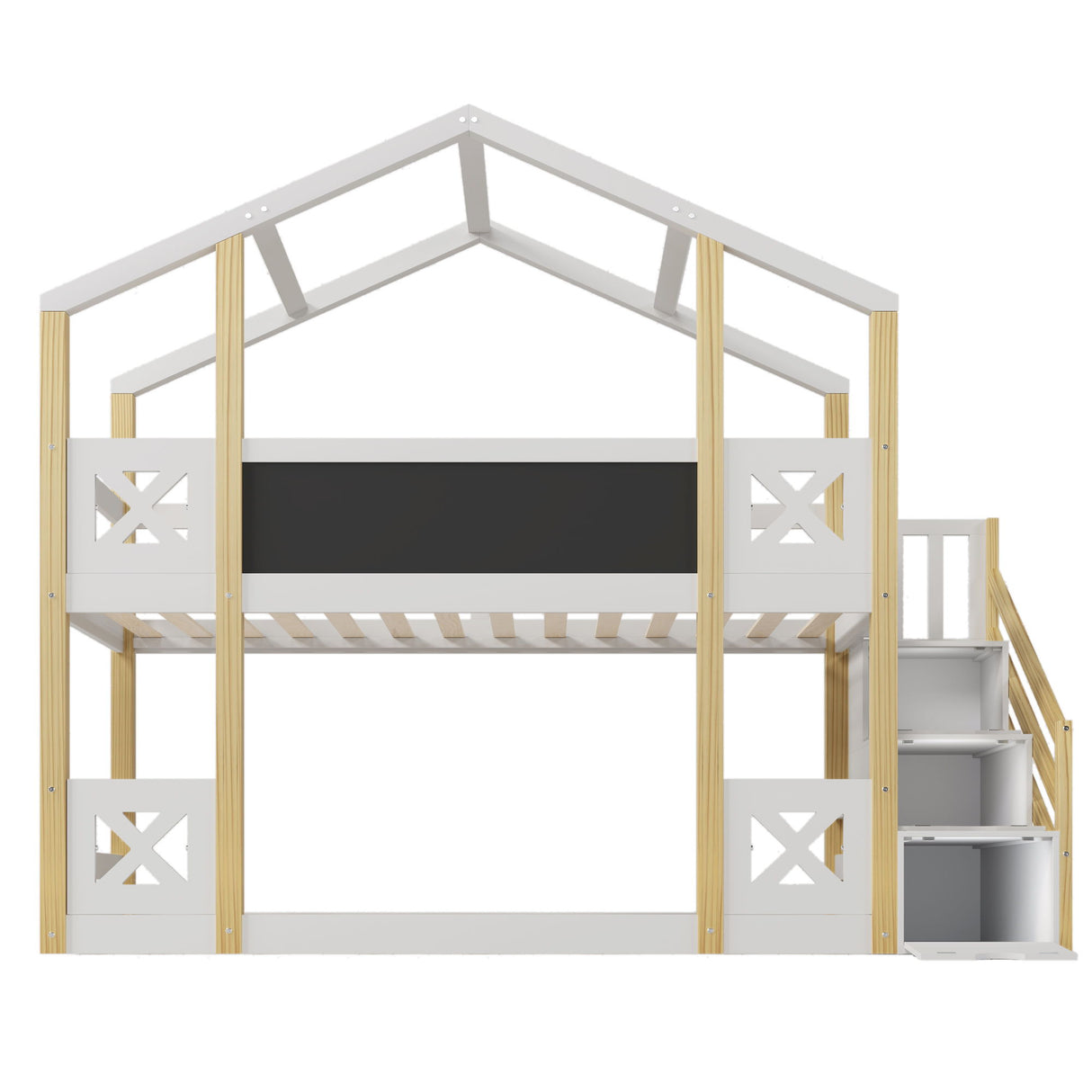 Twin Over Twin House Bunk Bed With White Storage Staircase And Blackboards - White