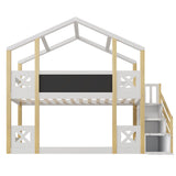 Twin Over Twin House Bunk Bed With White Storage Staircase And Blackboards - White