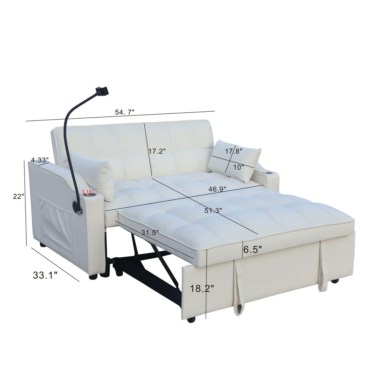 Modern Velvet Loveseat With Pullout Bed, Adjustable Reclining Backrest