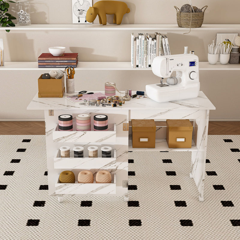 4 In 1 Folding Sewing Table With Lockable Wheels, Multi Functional Craft Station - White