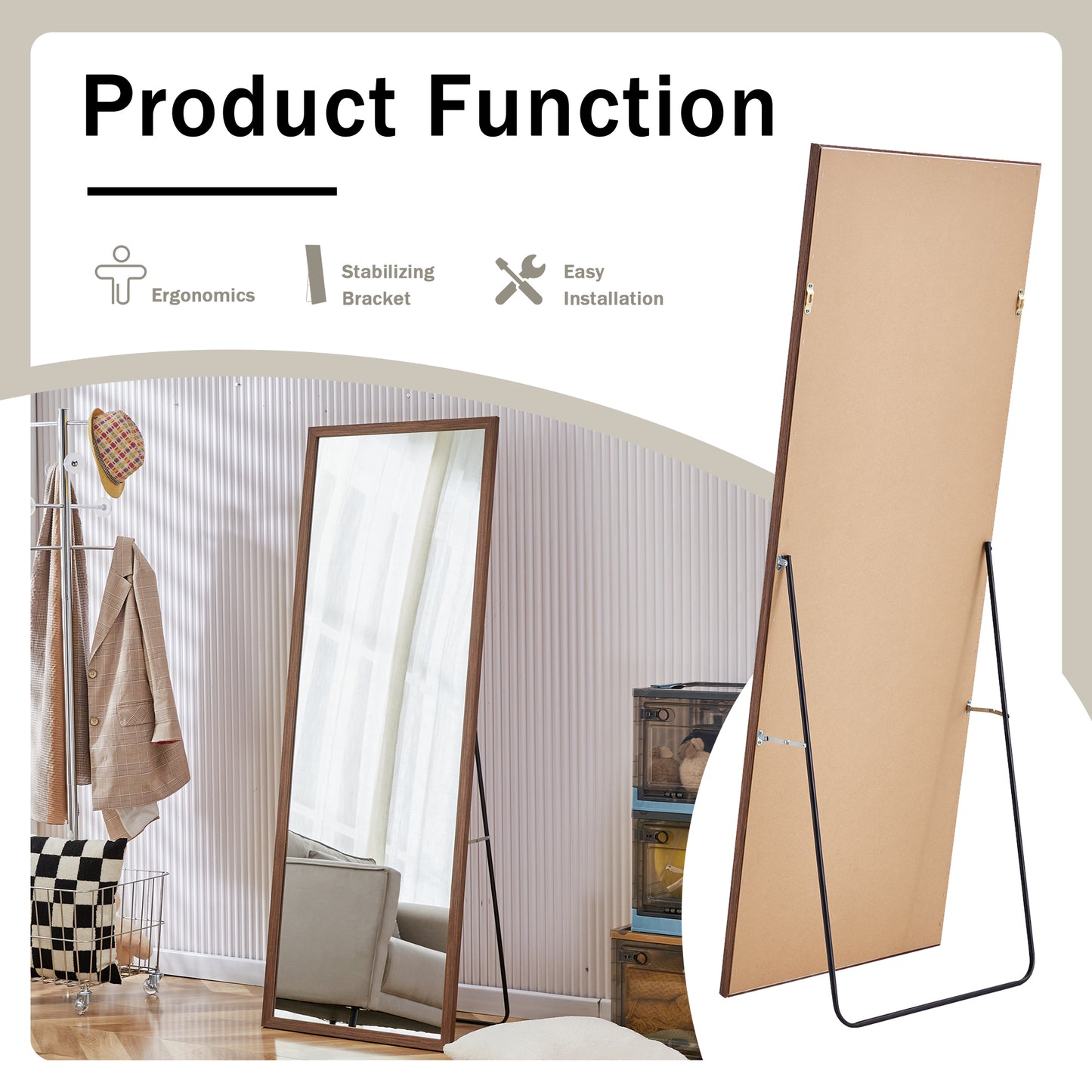 Third generation packaging upgrade, thickened border, brown wood grain solid wood frame full length mirror, dressing mirror, bedroom entrance, decorative mirror, and floor standing mirror.65"*22.8"