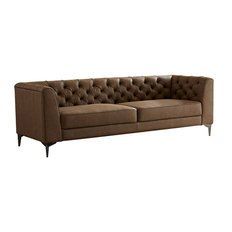 Retro Design Brown Leather Sofa With Iron Feet, Vintage Style