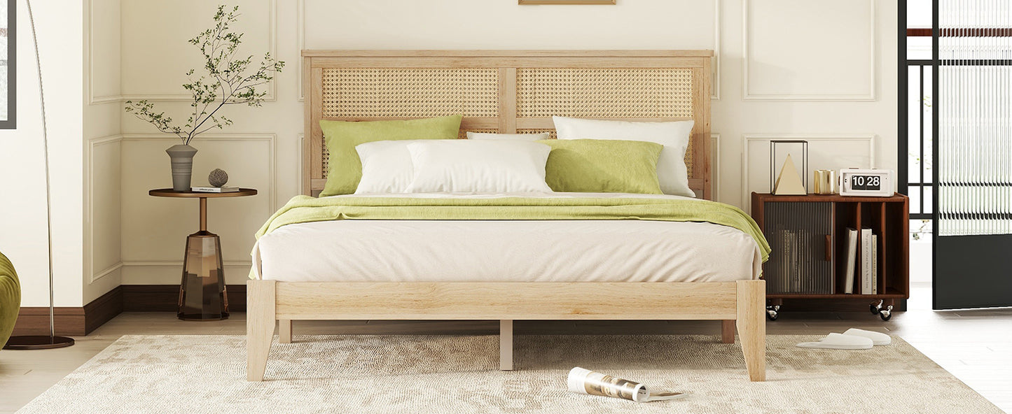 Queen Size Rubber Wooden, Solid Wooden Bed with Rattan Headboard, Enhanced by Support Feet,Oak White