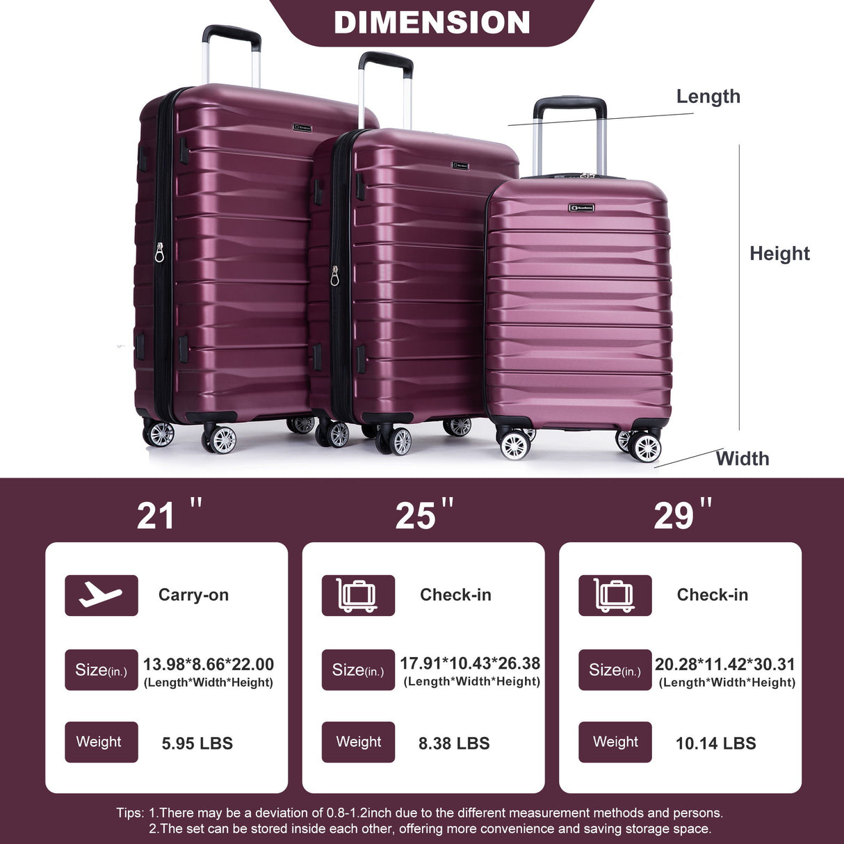 3 Piece Luggage Sets Lightweight & Durable Expandable Suitcase With Two Hooks