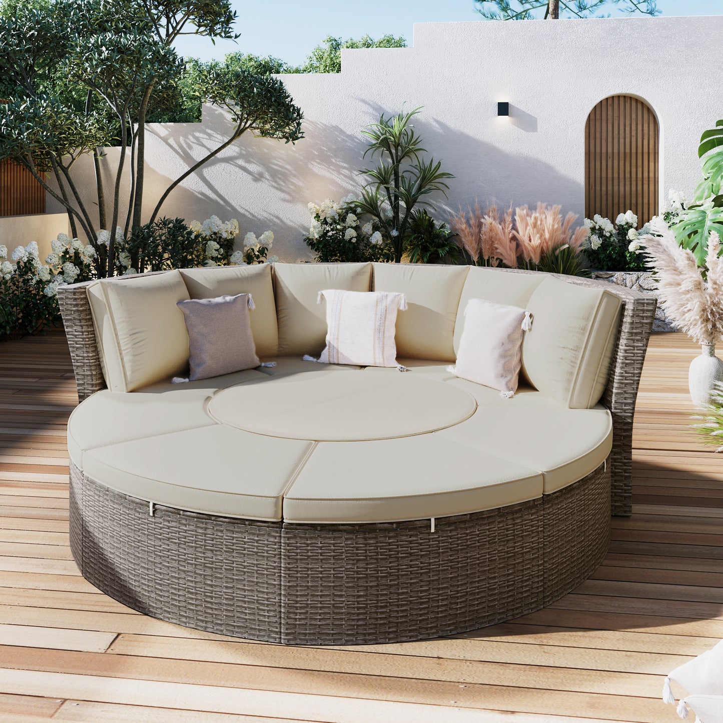 TOPMAX Patio 5-Piece Round Rattan Sectional Sofa Set All-Weather PE Wicker Sunbed Daybed with Round Liftable Table and Washable Cushions for Outdoor Backyard Poolside, Gray