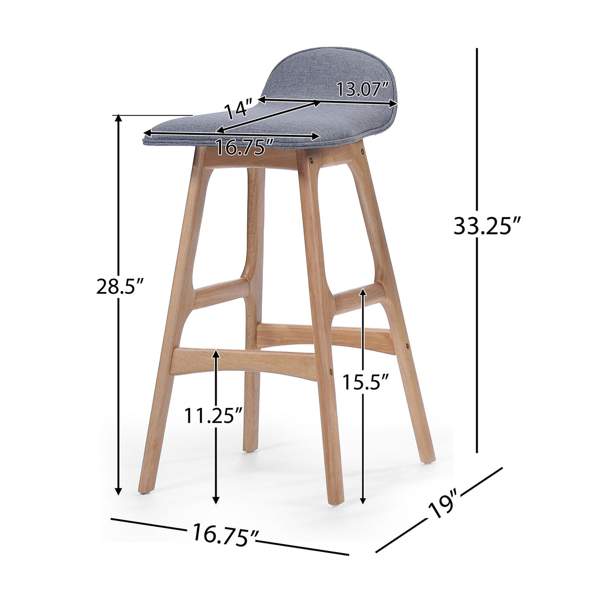 Mid Century Modern Upholstered Low Back Barstools (Set of 2) - Gray / Natural Oak