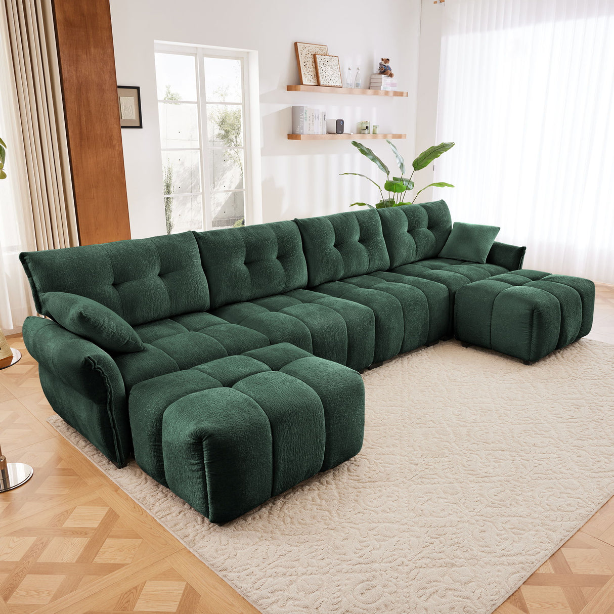 Elegant Sofa Set With Ottoman And Pillows, Textured Chenille, High Resilience Cushions