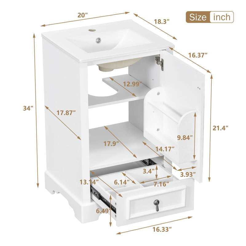 Bathroom Vanity With Sink, Soft Close Door, Adjustable U-Shaped Shelf
