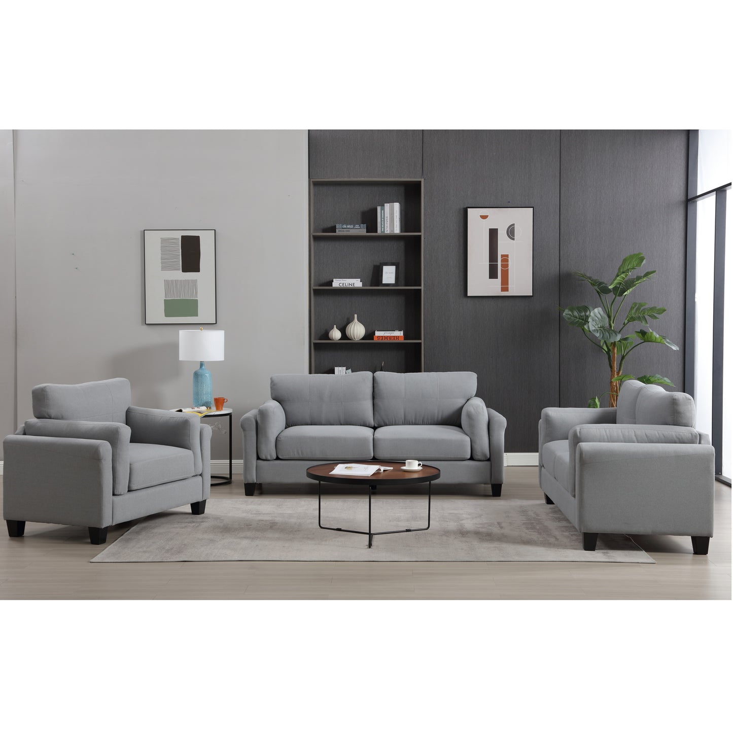 Modern 3 Pieces Sofa Set  for Living Room Double Armrest Comfy Deep Seat Furniture Sets  Chair & Loveseat & 3 Seater Couch,  Gray