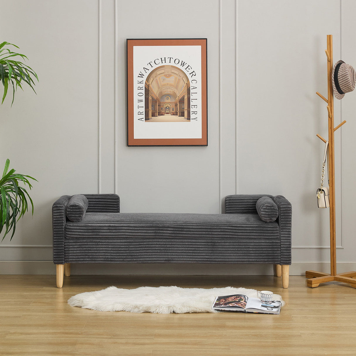 Wide Corduroy Storage Soft Bench With Armrests, Backrest And Two Bolster Pillows