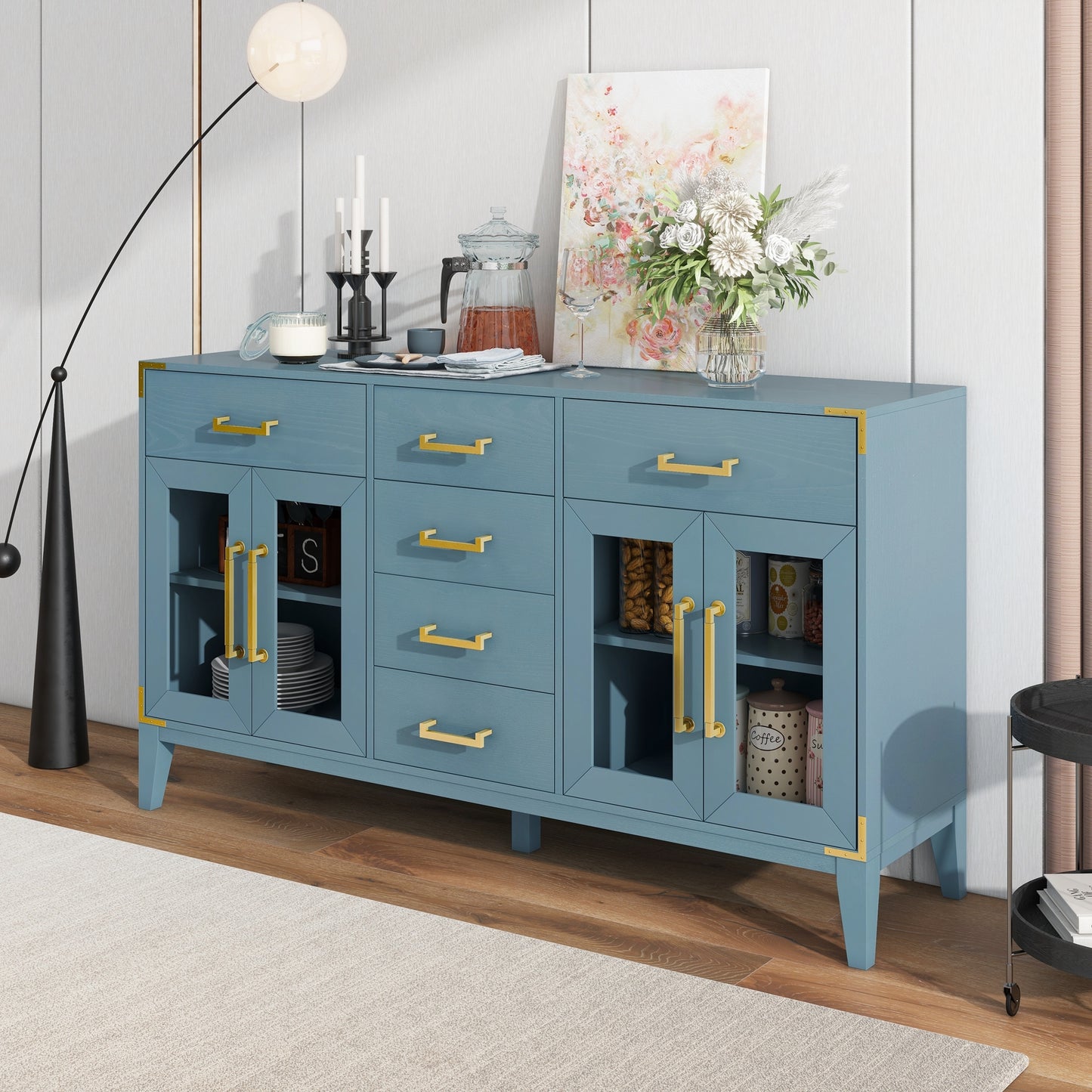 TREXM 6-drawer and 2-Cabinet Retro Sideboard with Extra Large Storage Space, with Gold Handles and Solid Wood Legs, for Kitchen and Living Room (Antique Blue)