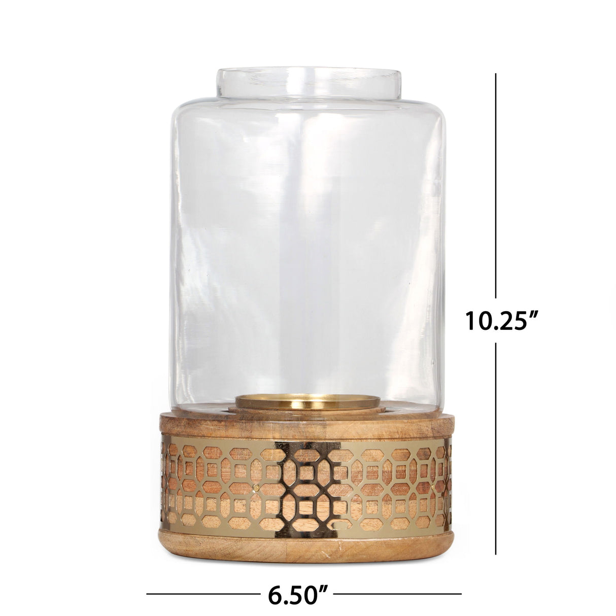 Lippert Boho Handcrafted Mango Wood Hurricane Candle Holder With Tempered Glass And Metal Accents, Large - Natural