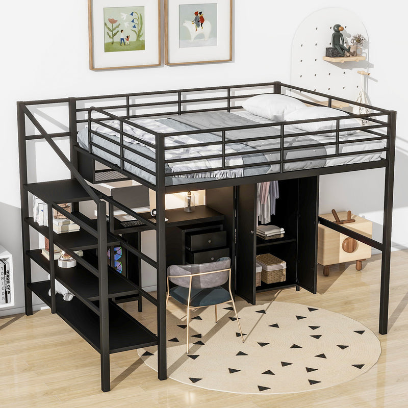 Full Size Loft Bed With Desk Set And Wardrobe - Black