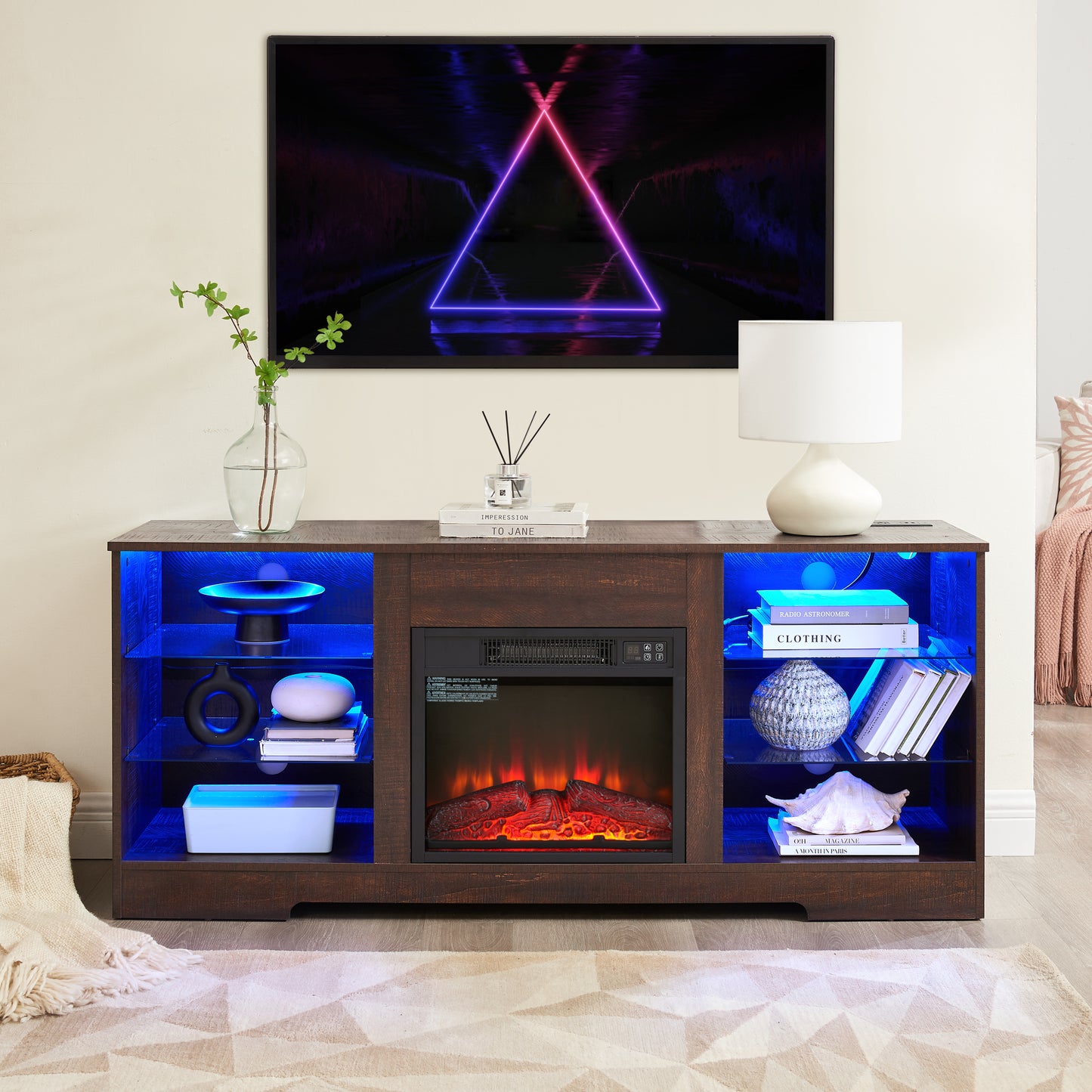 TV Stand Electric Fireplace  Glass Shelves, 3D Fireplace TV Stand with LED Lights Wood with USB Charging Outlet Modern Television Table Center for TV up to 62" ESP, 58''W*15.5''D*24.4