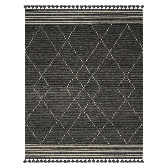 Vail Stona Charcoal and Ivory - Wool and Cotton Area Rug with Tassels 5x8