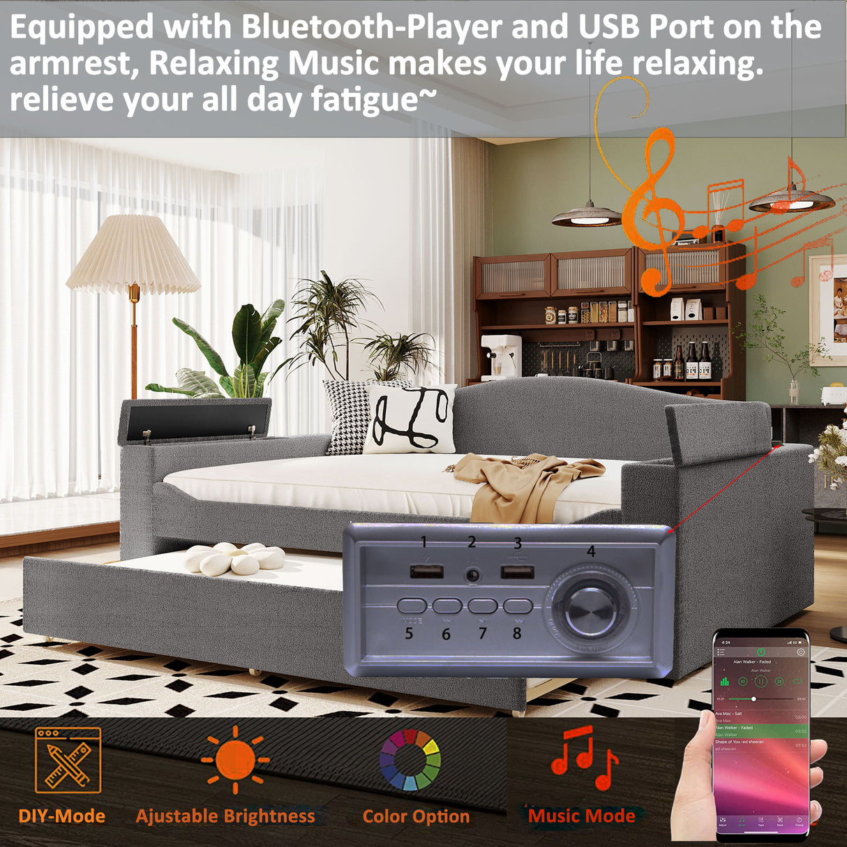 Upholstered Daybed With Storage Armrests, Trundle And Latest Integrated Bluetooth Audio System