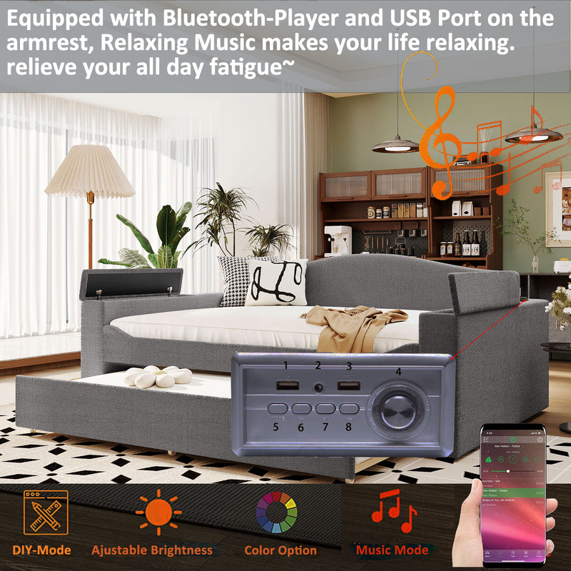 Upholstered Daybed With Storage Armrests, Trundle And Latest Integrated tooth Audio System