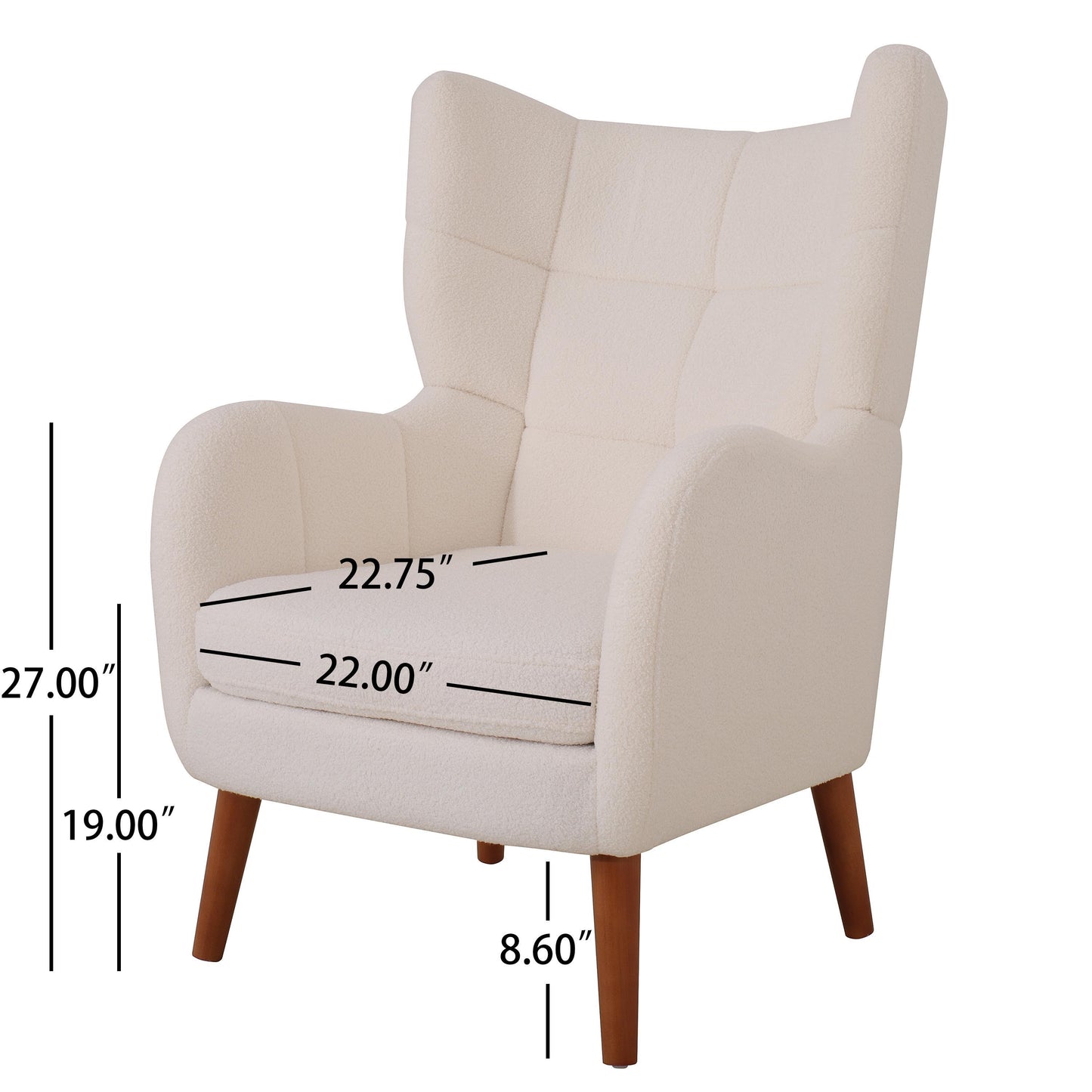 Mid-Century Ivory White High Back Accent/Club Chair with Thick Cushion, Modern Armchair with Round Arm and Birch Wood Legs, Teddy Wool Fabric, for Living Room, Office, Balcony, Bedroom and Study Room