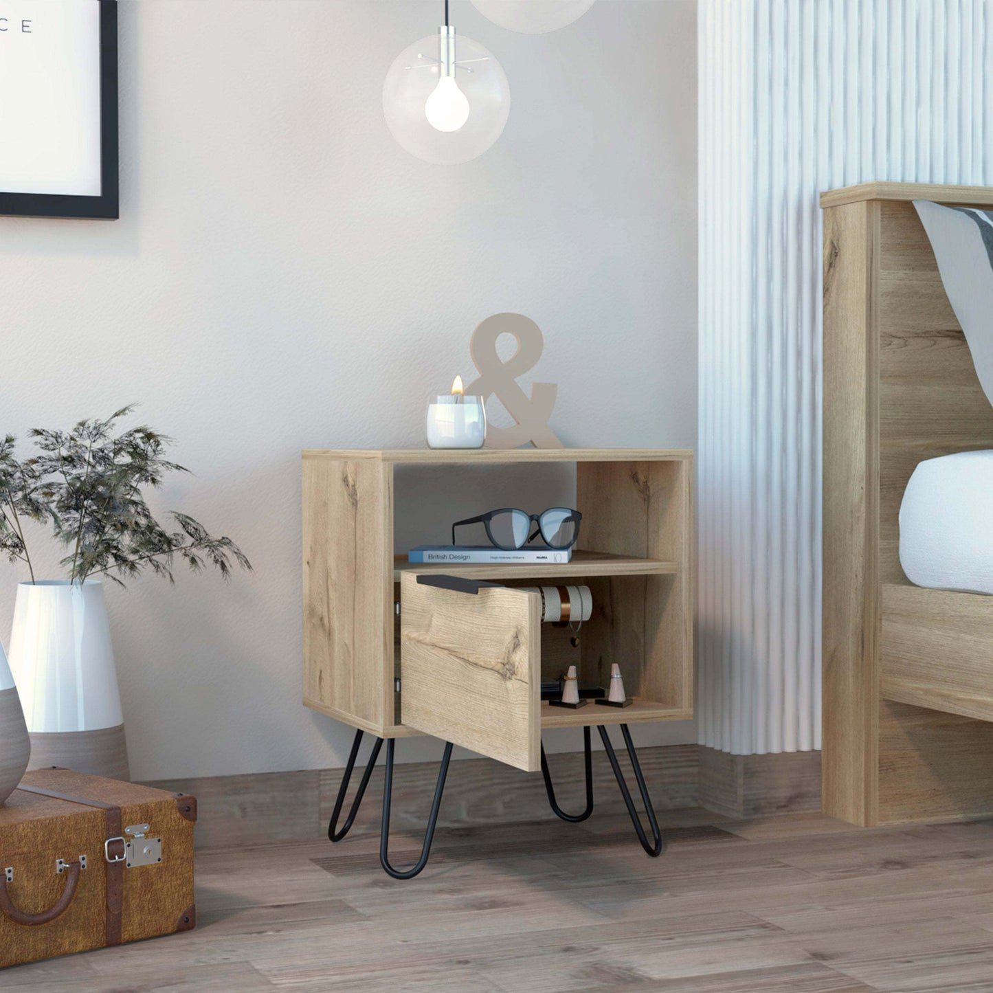 Vienna Nightstand, Shelves, Hairpin Legs